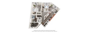 A 3D floor plan of a house with a kitchen, living room, and two bedrooms.