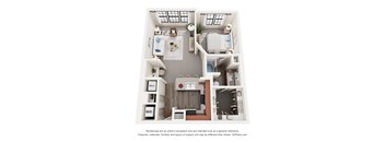 A 3D floor plan of a small apartment with a kitchen, living room, and bathroom.
