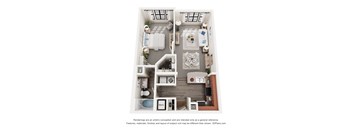 A 3D floor plan of a house with two bedrooms, a living room, a kitchen, and a bathroom.