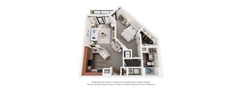 A 3D floor plan of a house with a kitchen, living room, and bathroom.