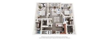 A 3D floor plan of a house with a kitchen, living room, and two bedrooms.