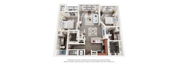 A 3D floor plan of a house with a living room, kitchen, and two bedrooms.