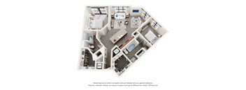A 3D floor plan of a house with labeled rooms.