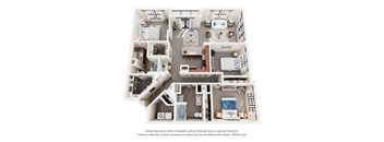 A 3D floor plan of a house with a kitchen, living room, bedrooms and bathrooms.