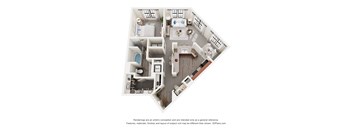 A 3D floor plan of a house with a kitchen, living room, and bathrooms.