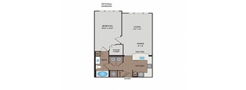A floor plan of a home with a bedroom, living room, dining room, kitchen, and bathroom.