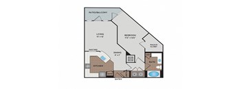 A floor plan of a home with a living room, dining room, kitchen, bedroom, bathroom, and closet.