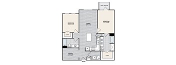A floor plan of an apartment with two bedrooms, a living room, a dining room, a kitchen, and a bathroom.