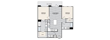 A floor plan of a home with two bedrooms, a living/dining area, a patio/balcony, a fan, a refrigerator, a clothes washer and dryer, and a coat closet.