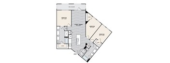 A floor plan of an apartment with three bedrooms and a living/dining area.