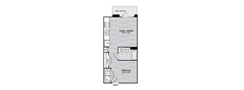 A floor plan of a small apartment with a living room, dining room, bedroom, and bathroom.