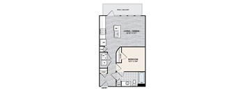 A floor plan of a small apartment with a living/dining area and a bedroom.