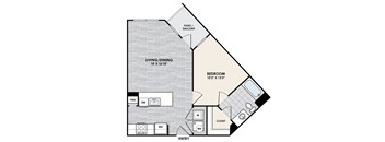 A floor plan of a home with a living/dining area, a bedroom, and a closet.