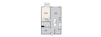 A floor plan of an apartment with a bedroom, living room, and dining room.