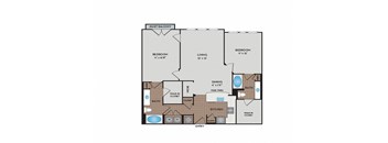 A floor plan of a balcony apartment with two bedrooms, a living room, a dining room, a kitchen, a bathroom, and a walk-in closet.