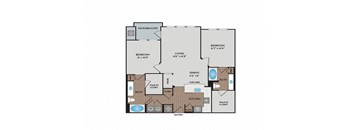 A floor plan of a house with two bedrooms, a living room, a dining room, a kitchen, a bathroom, a walk-in closet, and a patio/balcony.