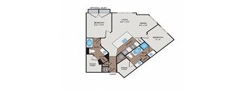 A floor plan of a house with a living room, dining room, two bedrooms, two bathrooms, and an optional jacuzzi.