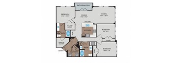 A floor plan of an apartment with a living room, two bedrooms, a dining room, a kitchen, a laundry room, and a patio.