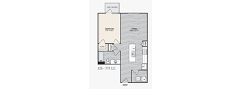 A floor plan of an apartment with a bedroom, living room, and closet.