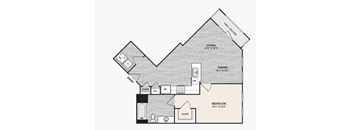 A floor plan of a house with a living room, dining room, and two bedrooms.
