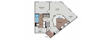 A floor plan of a small apartment with a bedroom, living room, kitchen, and bathroom.
