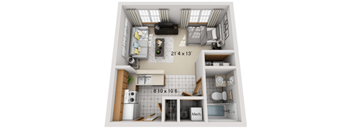 A 21'4x13' floor plan of a small apartment with a kitchen, living room, and bathroom.