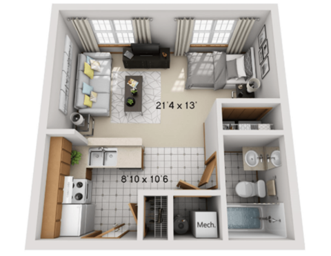 A 21'4x13' floor plan of a small apartment with a kitchen, living room, and bathroom.