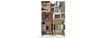 A 3D floor plan of a small apartment with a living room, kitchen, and bedroom.