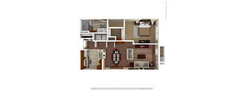 A 3D floor plan of a small apartment with a kitchen, living room, and bedroom.