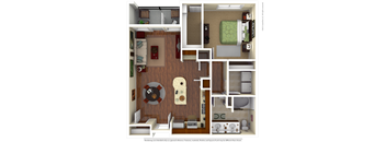 A 3D floor plan of a small apartment with a kitchen, living room, and bathroom.