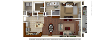 A 3D rendered image of a house layout.