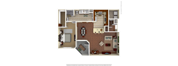 A 3D rendered image of a house layout.