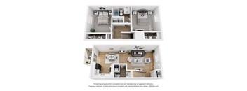 a stylized floor plan with a bedroom and a living room