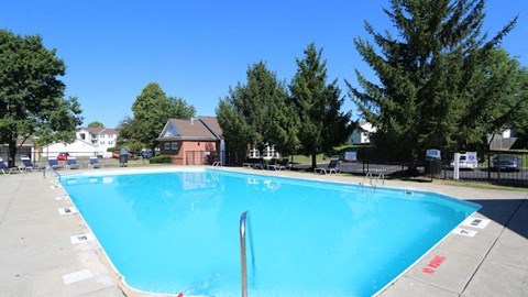 a large swimming pool with trees in the background