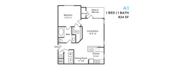 A 1 bedroom apartment with 1 bathroom and 824 square feet.