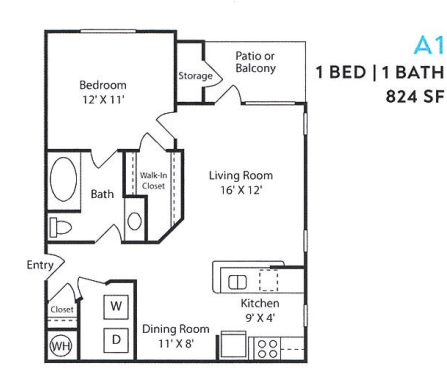 A 1 bedroom apartment with 1 bathroom and 824 square feet.
