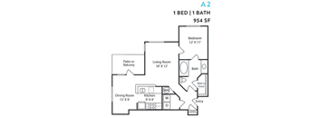 A 2 bedroom apartment with 1 bathroom is 954 square feet.