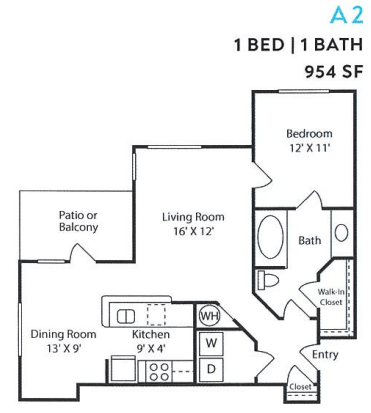 A 2 bedroom apartment with 1 bathroom is 954 square feet.
