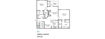 A floor plan of a 2 bedroom, 2 bathroom apartment.