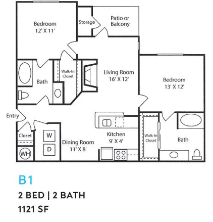 A floor plan of a 2 bedroom, 2 bathroom apartment.