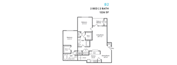 A floor plan of a 2 bedroom, 2 bathroom apartment.