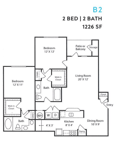 A floor plan of a 2 bedroom, 2 bathroom apartment.