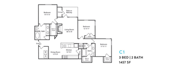 A floor plan of a home with three bedrooms, two bathrooms, a living room, a dining room, a kitchen, and an entry.