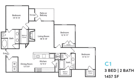 A floor plan of a home with three bedrooms, two bathrooms, a living room, a dining room, a kitchen, and an entry.