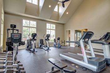 A spacious gym with treadmills, elliptical machines, and other exercise equipment.
