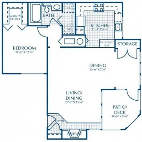 A blueprint of a house layout with labeled rooms such as Bedroom, Kitchen, Dining, and Patio/Deck.