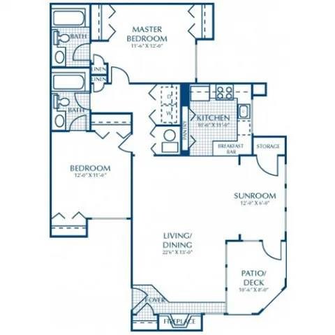 A floor plan of a house with a master bedroom, a kitchen, a living/dining area, a sunroom, a bedroom, and a patio/deck.