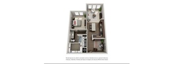 A 3D rendered image of a small apartment layout.