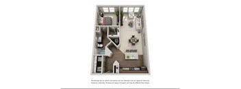 A 3D rendered image of a small apartment layout.