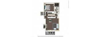 A floor plan of a small apartment with a kitchen, living room, and bathroom.